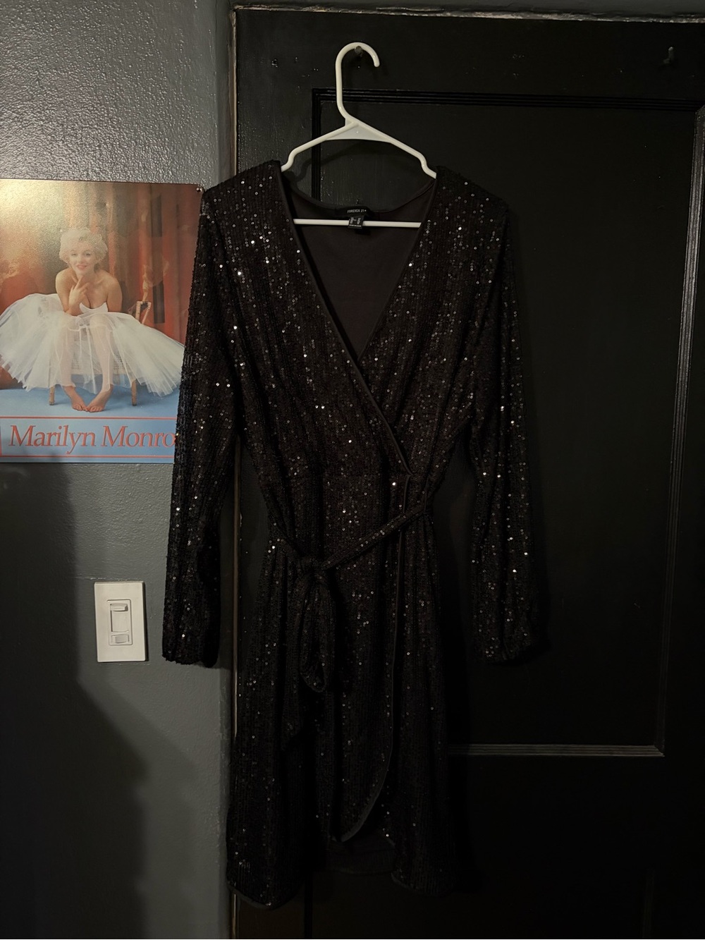 FOREVER 21 Black Sequined Wrap Dress with Tie Waist